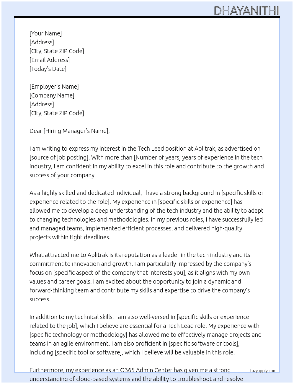 Texh lead At Aplitrak Cover Letter
