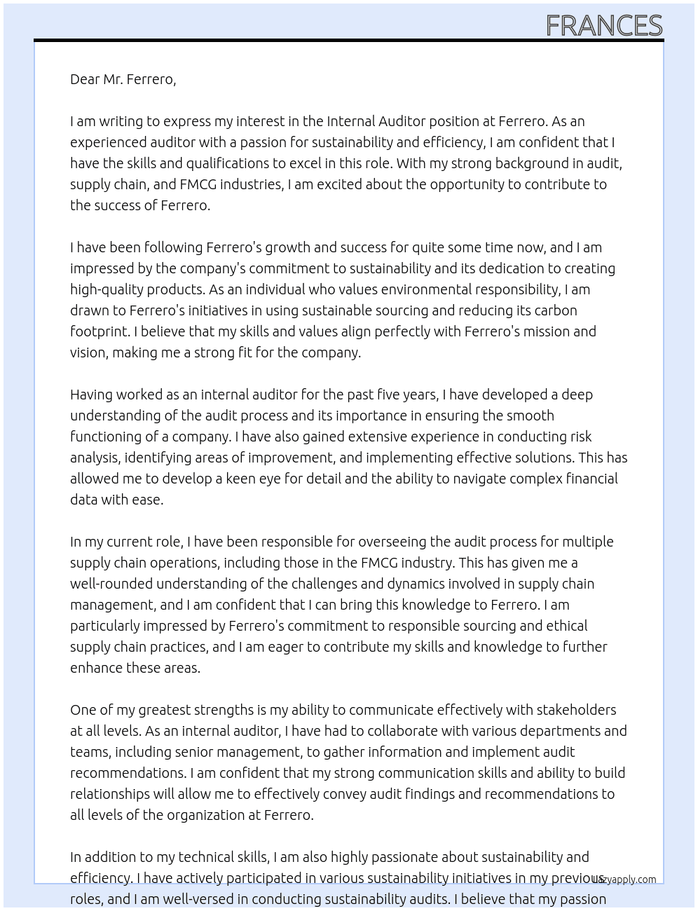 Internal Auditor At Ferrero Cover Letter