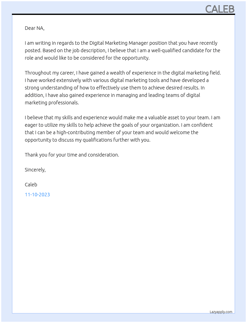 Digital Marketing Manager At NA Cover Letter