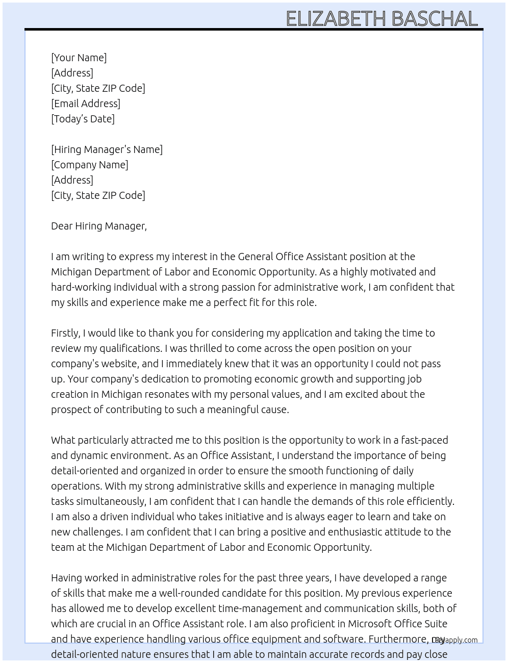 General Office Assistant At Michigan Department of Labor and Economic Opportunity Cover Letter