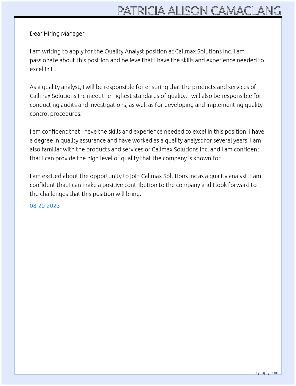 Quality Analyst At Callmax Solutions Inc Cover Letter