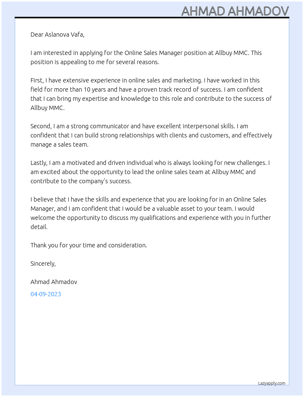 Online Sales Manager At Allbuy MMC Cover Letter