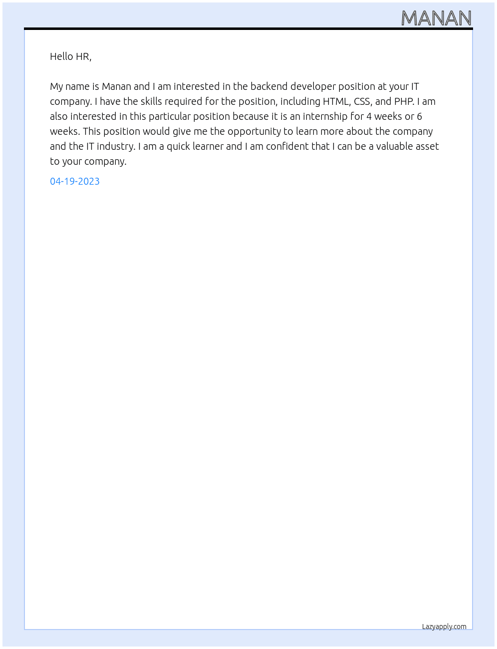 backend developer At IT company Cover Letter