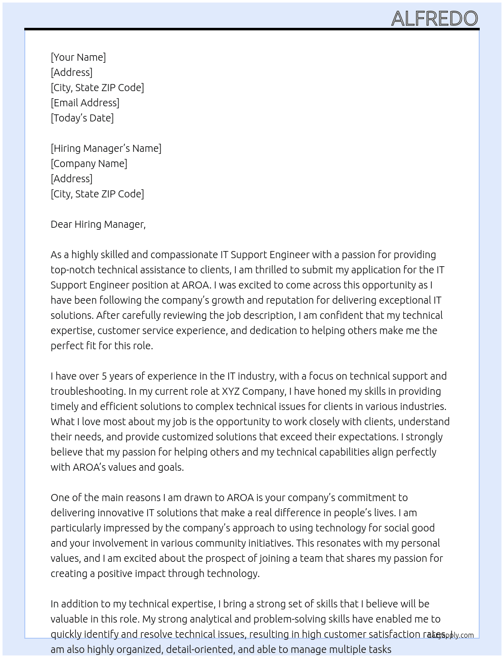 IT Support Engineer At AROA Cover Letter