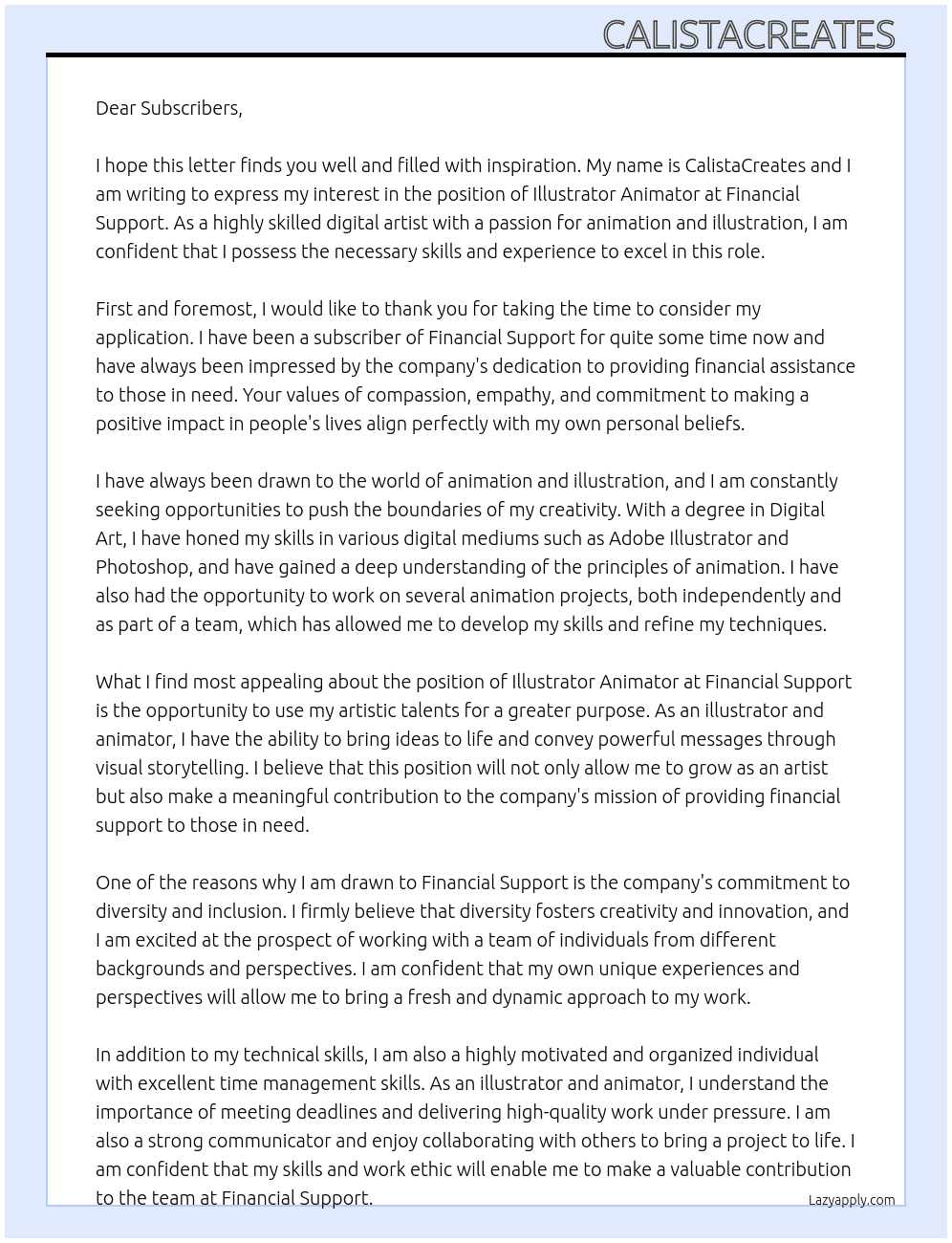 Illustrator animator At Financial support Cover Letter
