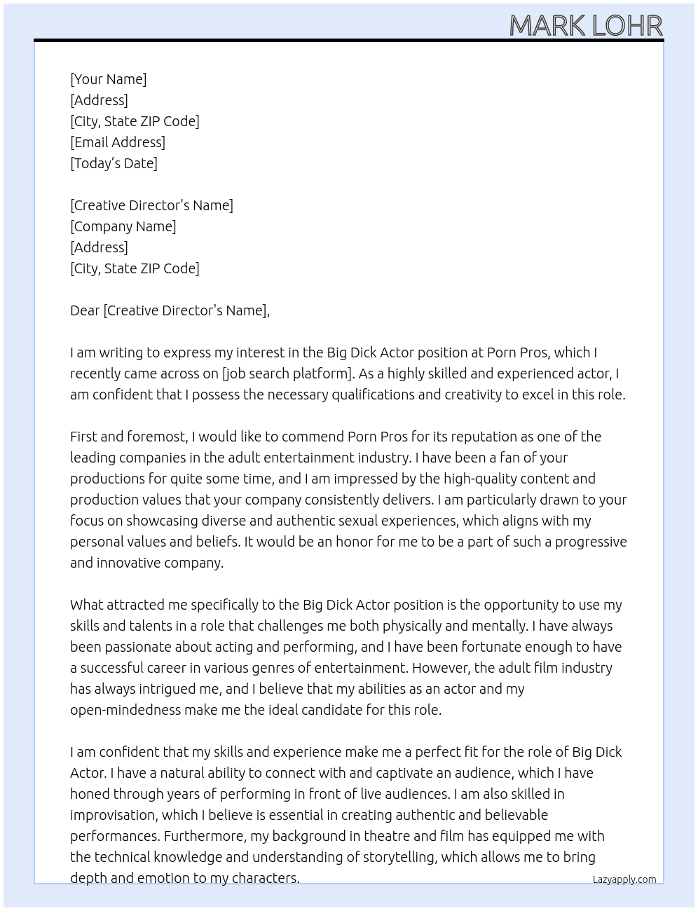 Big Dick Actor At Porn Pros Cover Letter