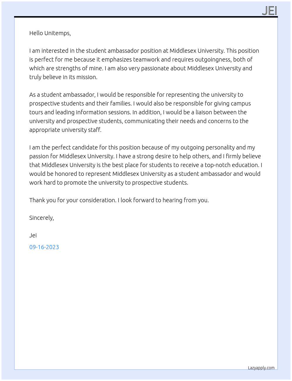 Student ambassador At Middlesex university Cover Letter