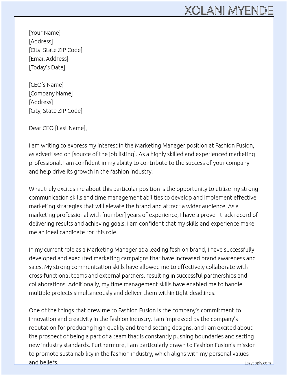 Marketing Manager  At Fashion Fusion  Cover Letter