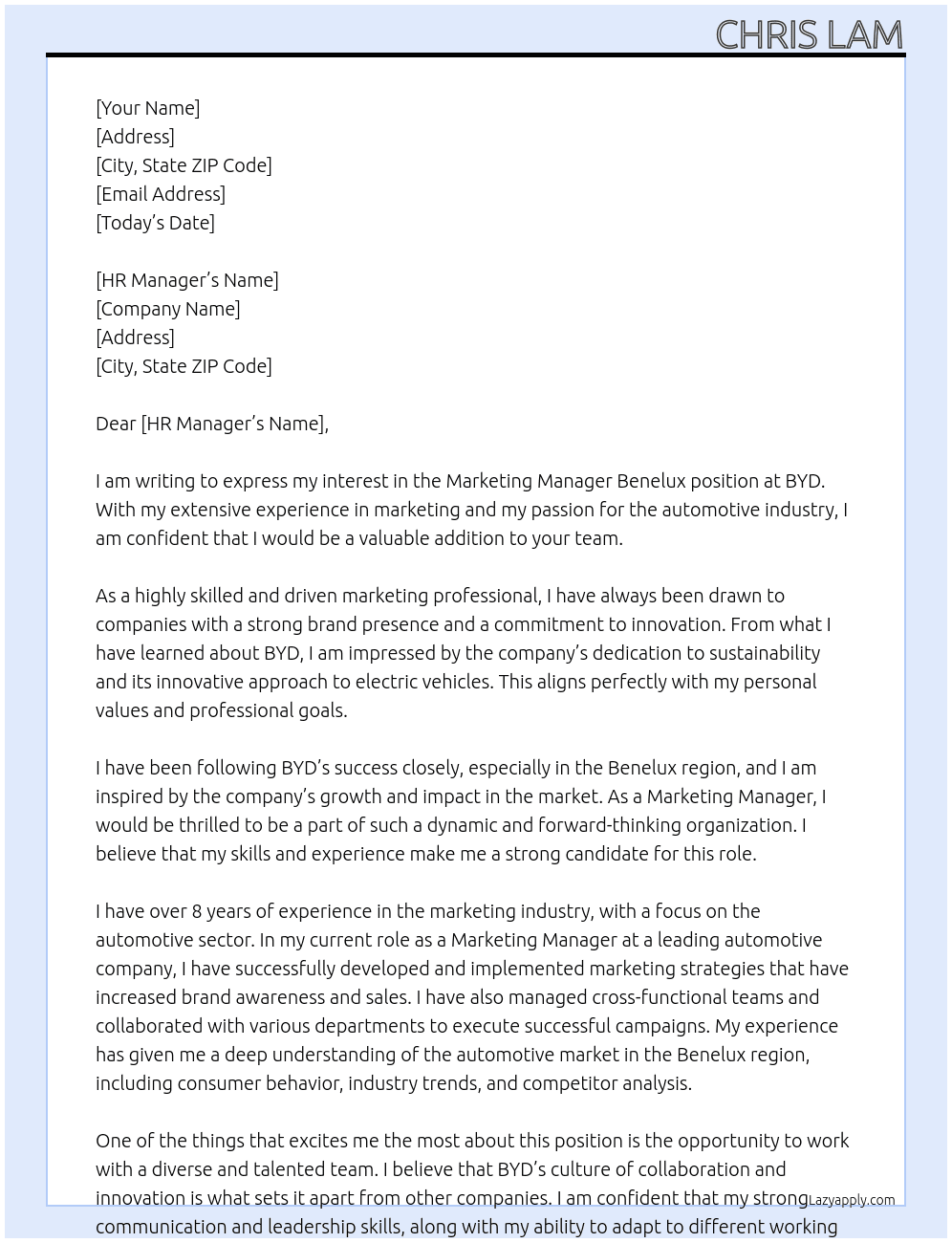 Marketing Manager Benelux At BYD Cover Letter