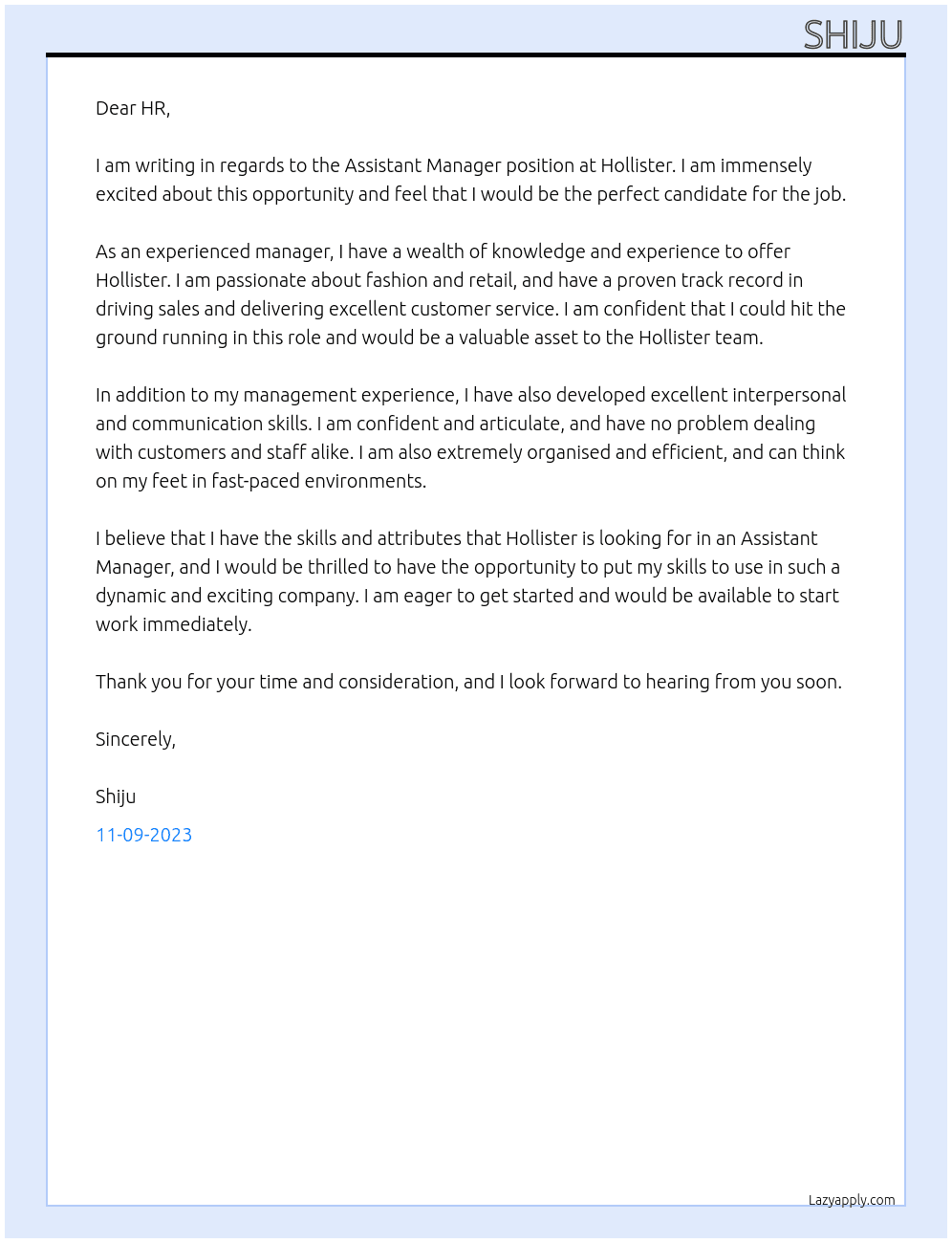 Assistant Manager At Hollister Cover Letter