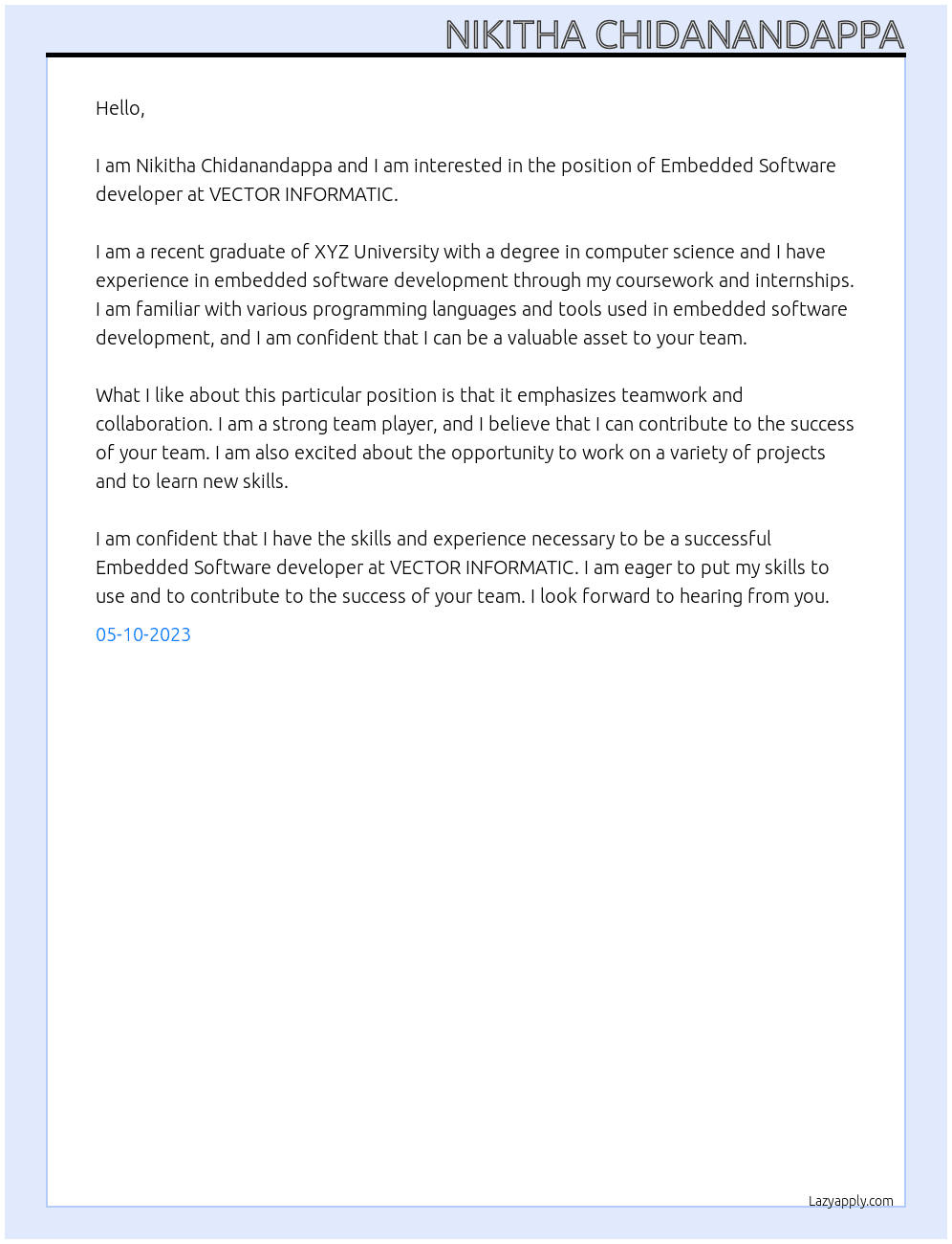 Embedded Software developer At VECTOR INFORMATIC Cover Letter
