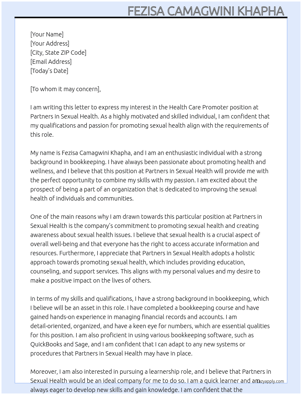 Health Care Promoter At Partners in Sexual Health  Cover Letter