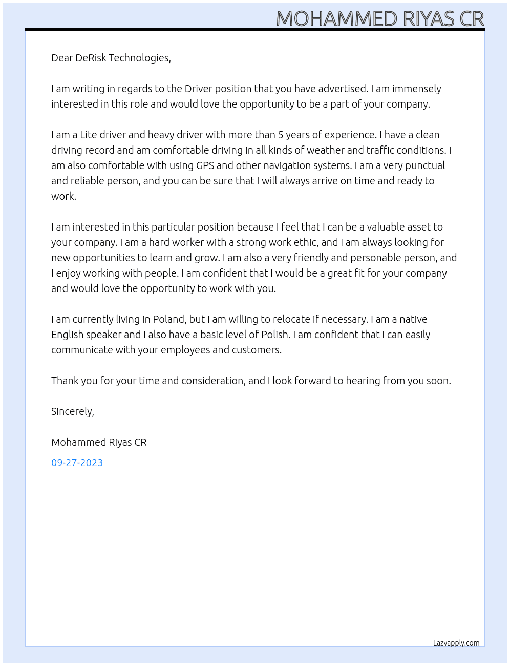 Driver  At DeRisk Technologies  Cover Letter