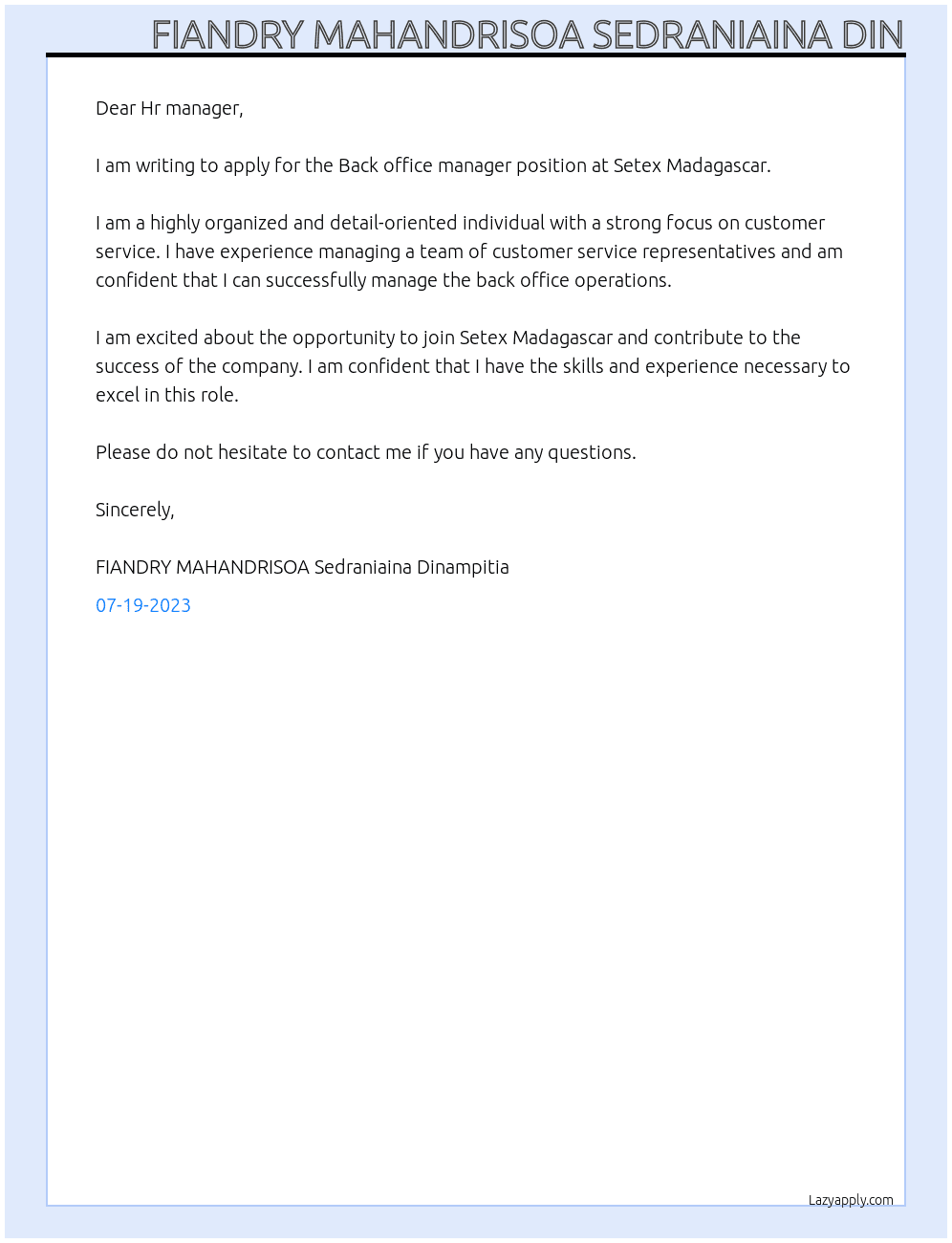 Back office manager At Setex Madagascar  Cover Letter