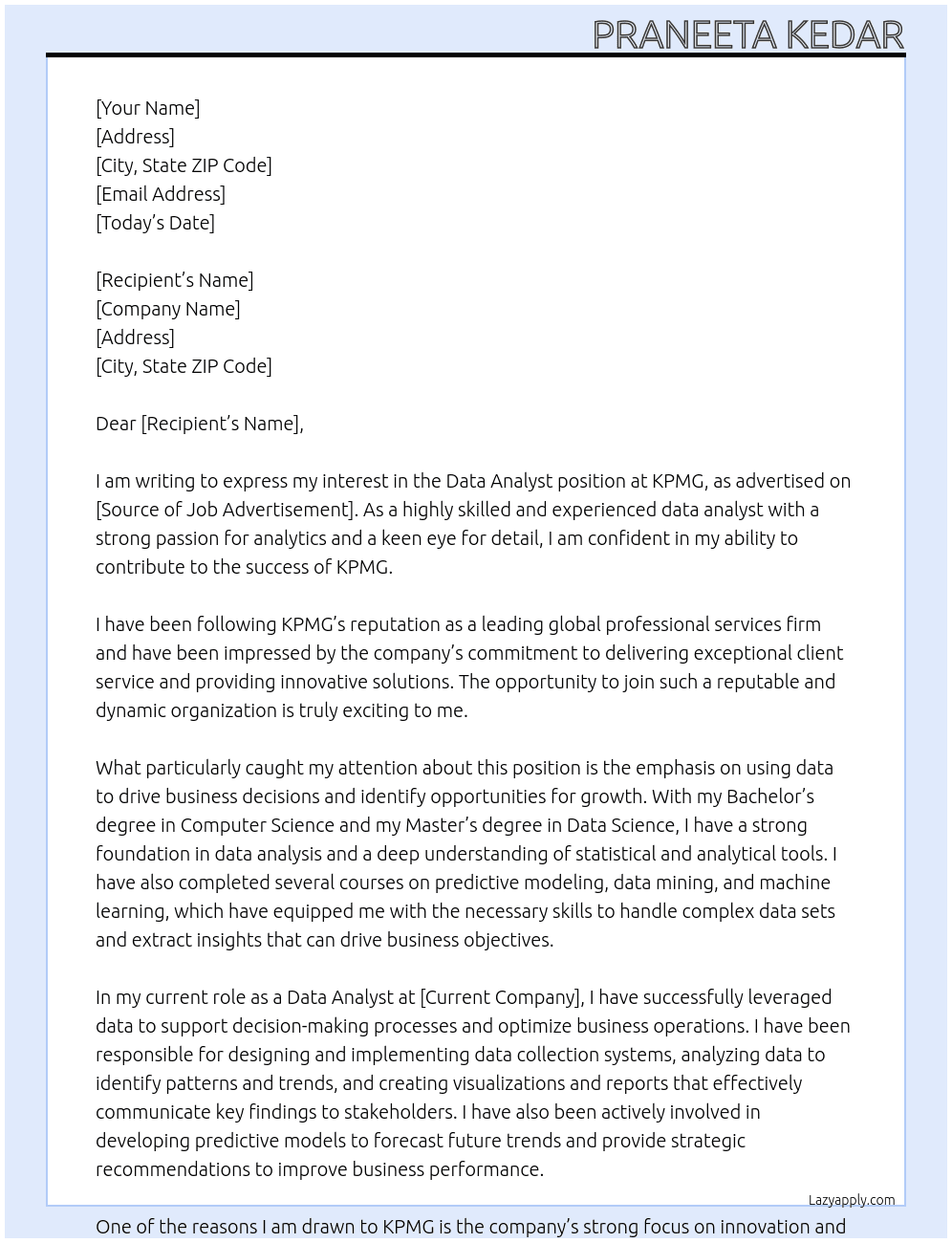 Cover letter for data anylast - LazyApply