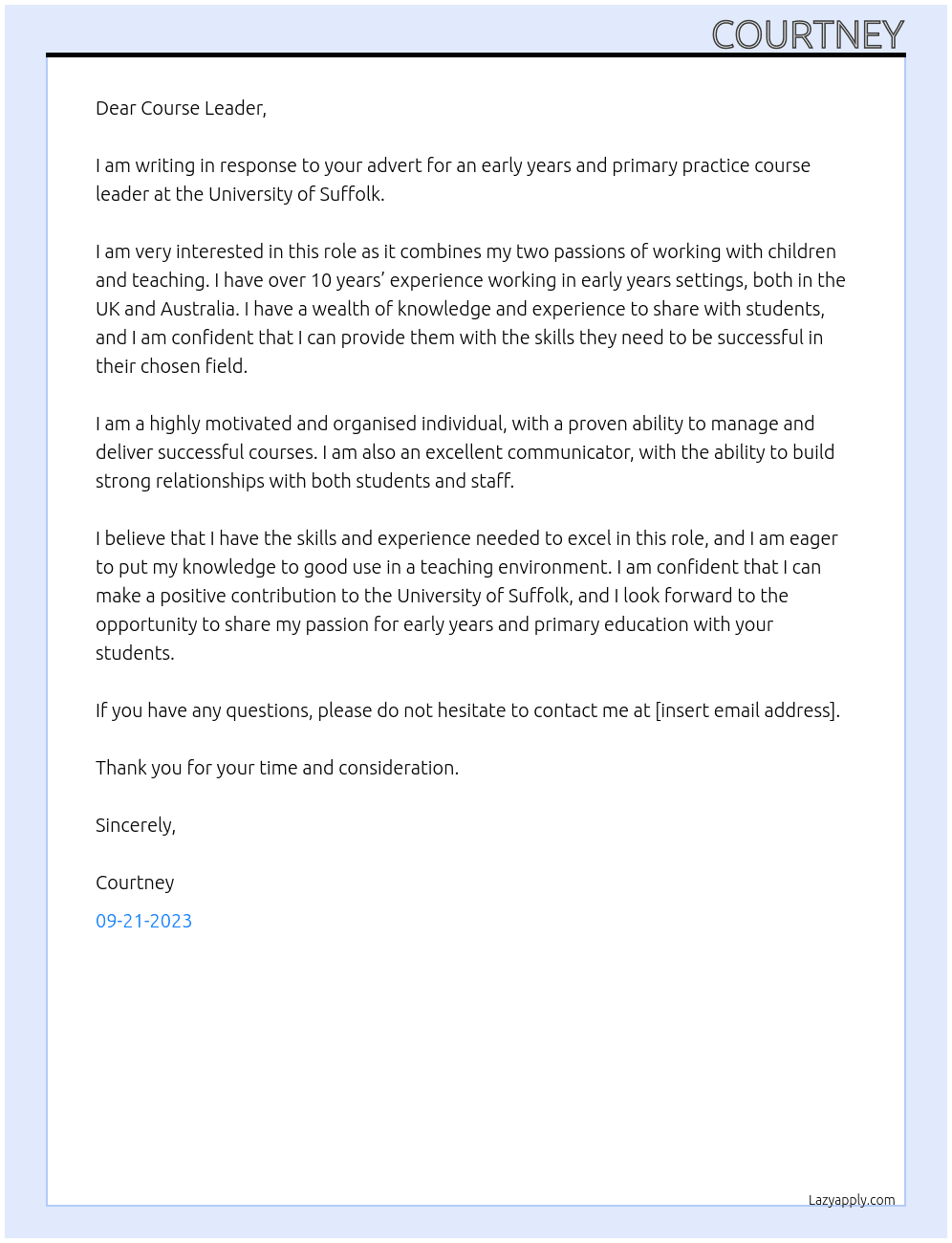 early years and primary practice At university of suffolk Cover Letter