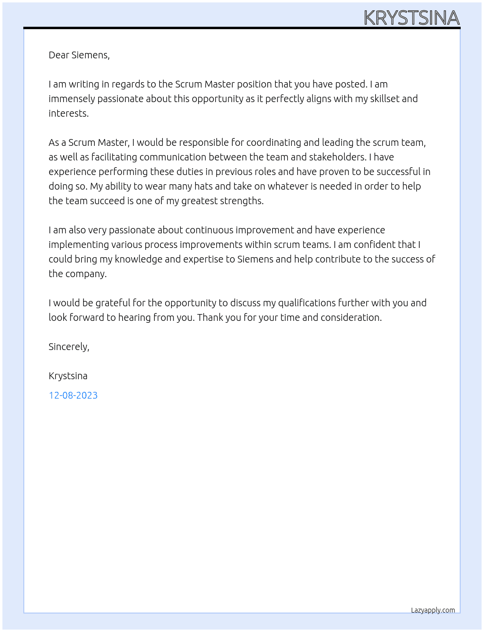 Scrum Master At Siemens Cover Letter