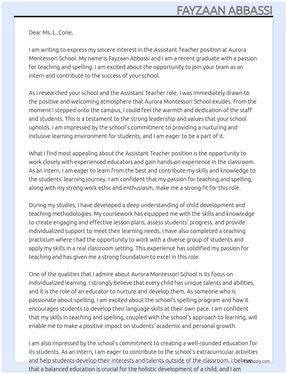 Assistant Teacher At Aurora Montessori School Cover Letter