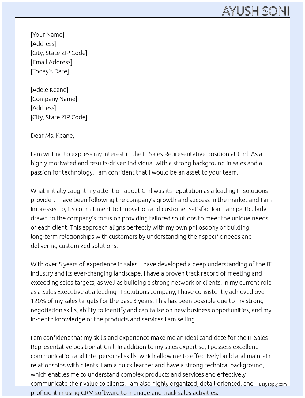 IT sales representative At Cml Cover Letter