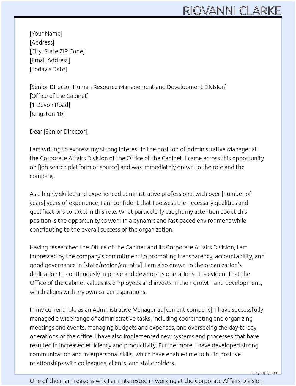 Administrative Manager At Corporate Affairs Division, Office of the Cabinet Cover Letter