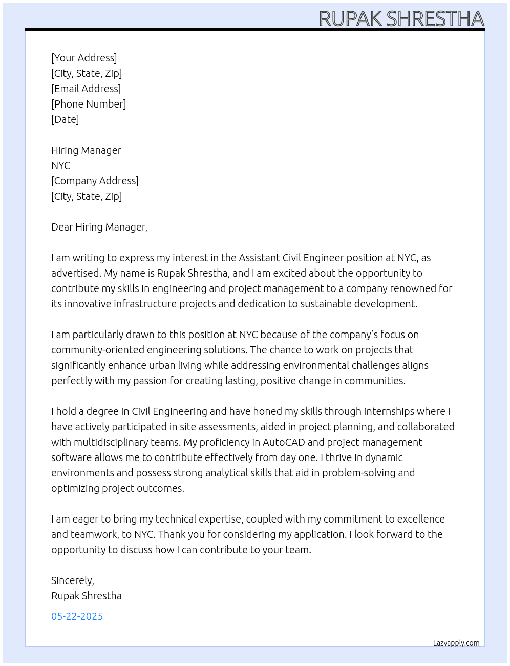 assistant civil engineer At nyc  Cover Letter