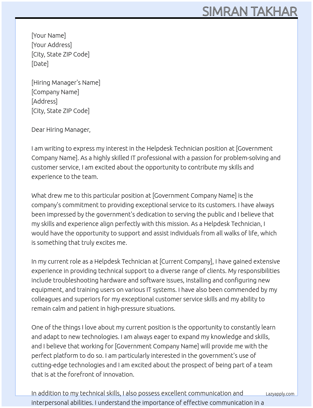Cover letter for helpdesk technician - LazyApply