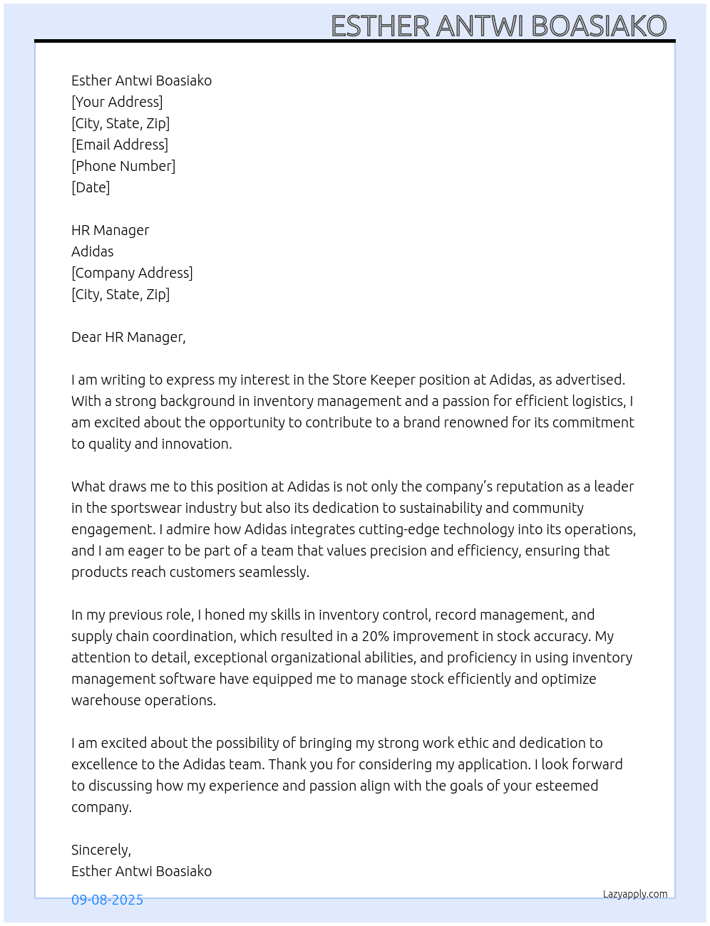 Store keeper  At Adidas  Cover Letter