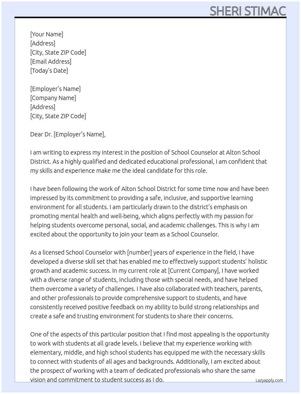 School Counselor At Alton School District Cover Letter