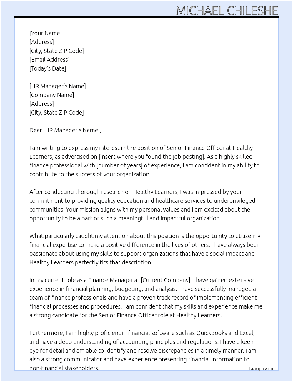 Senior Finance Officer At Healthy Learners Cover Letter