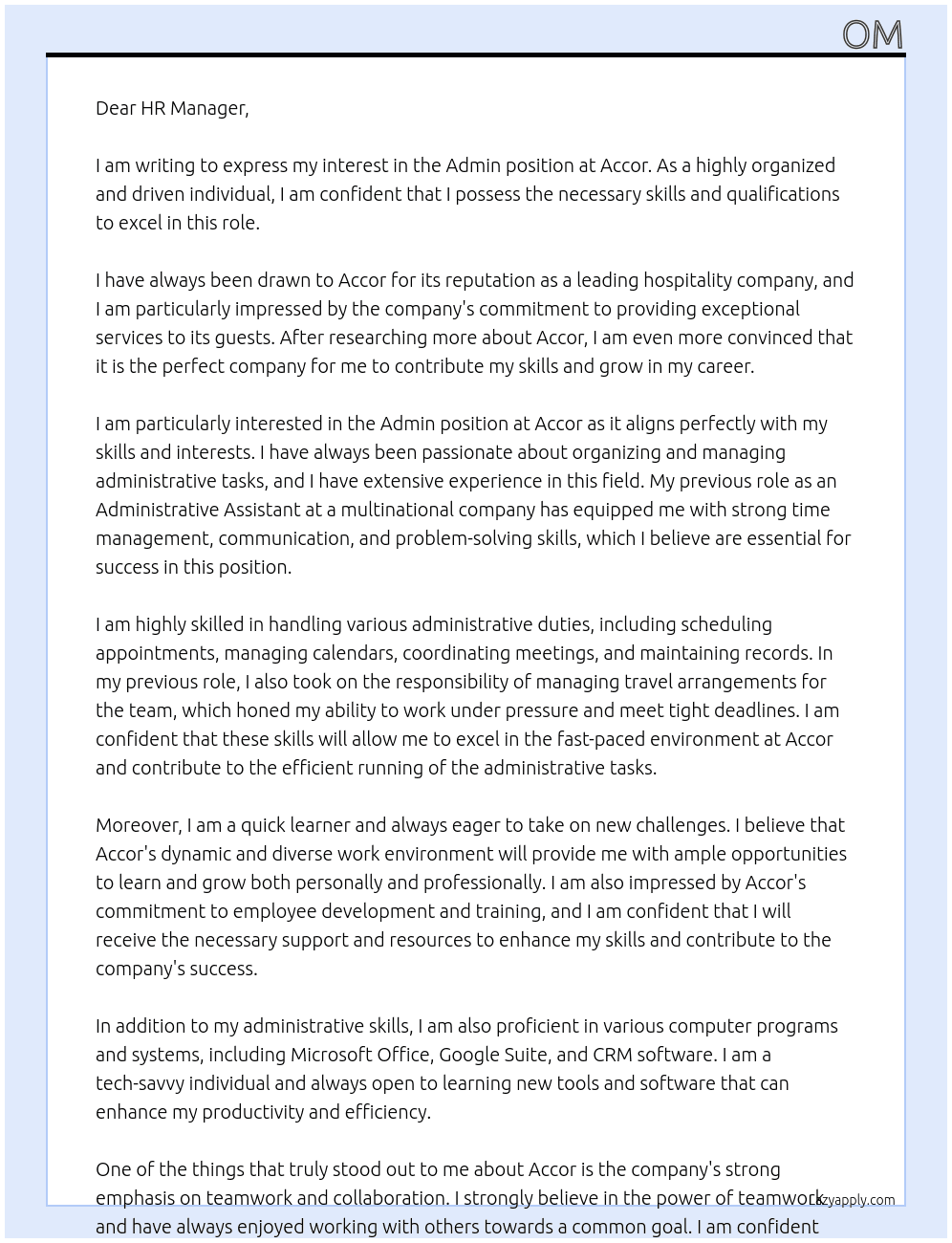 admin At accor Cover Letter