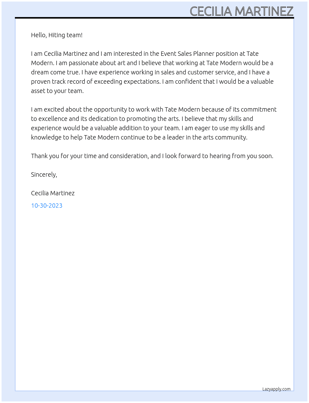 Event Sales Planner At Tate Modern Cover Letter