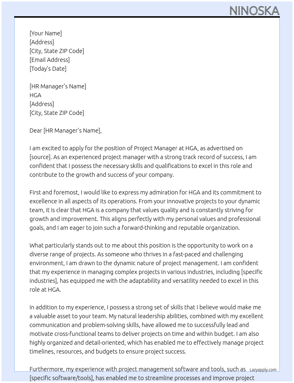 PROJECT MANAGER At HGA Cover Letter