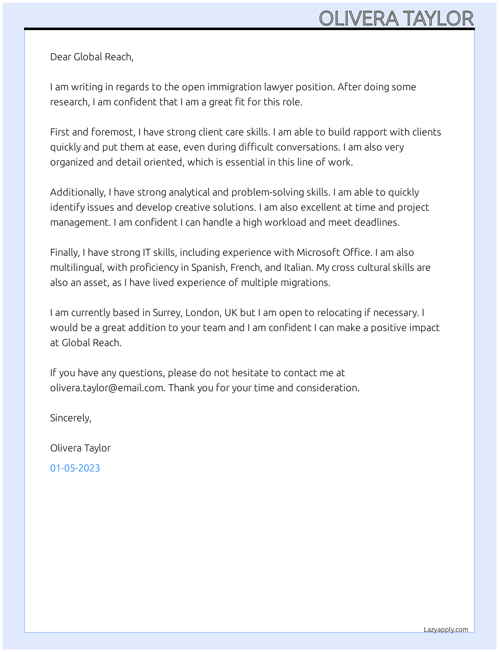 Immigration Lawyer At Global Reach Cover Letter