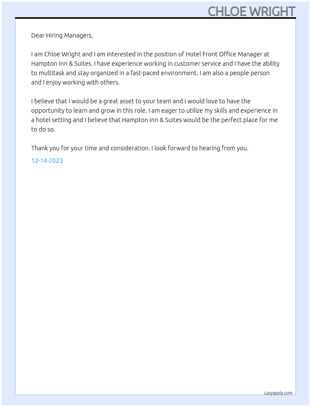 Hotel front office manager  At Hampton Inn & Suites Cover Letter