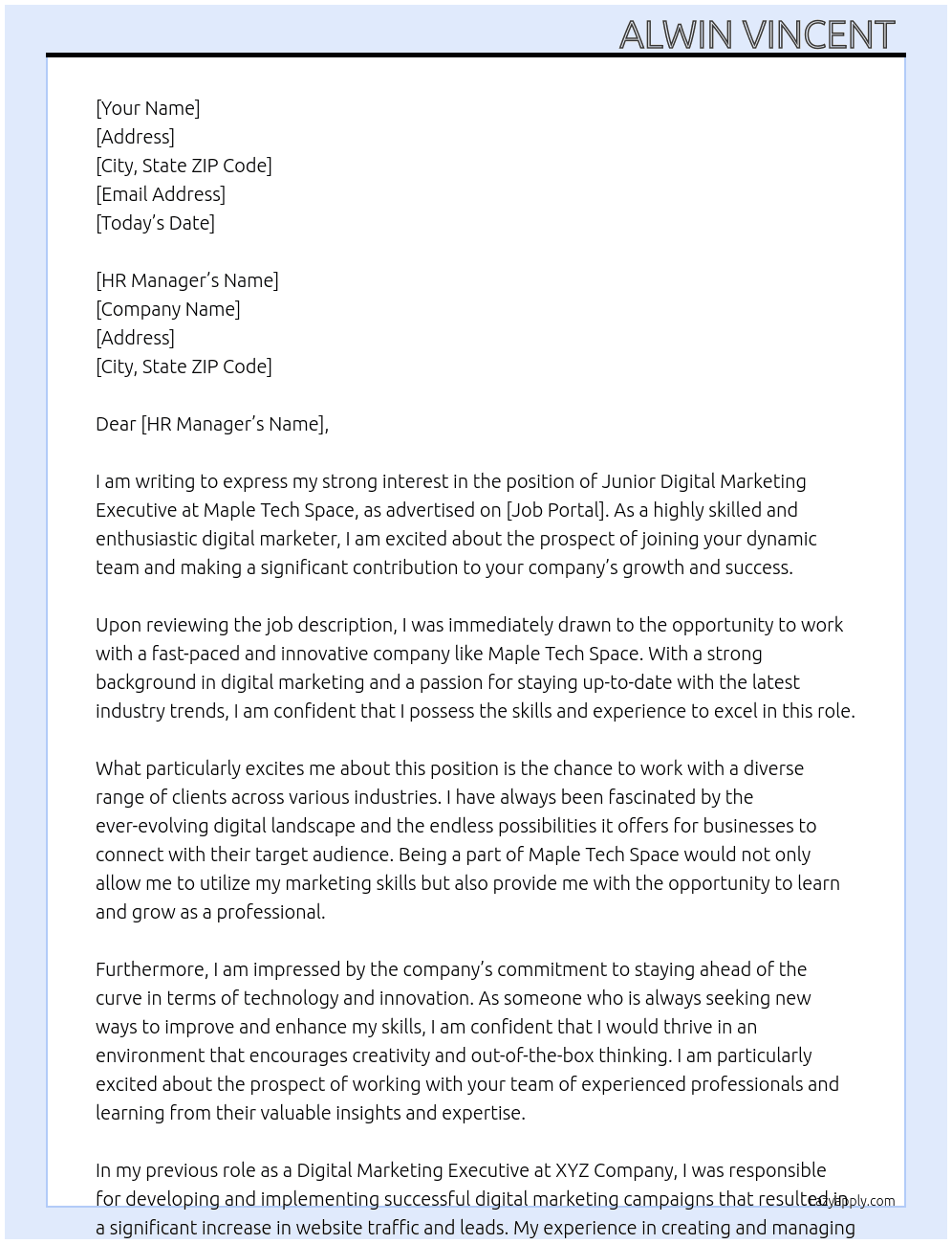 Junior digital marketing executive At MAPLE TECH SPACE Cover Letter