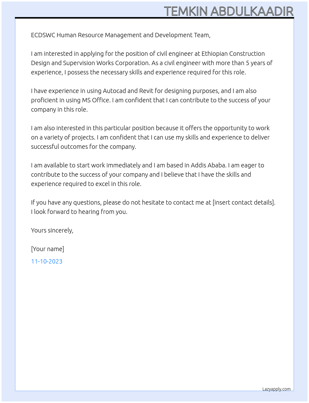 Civil engineer At Ethiopian Construction Design and Supervision Works Corporation Cover Letter