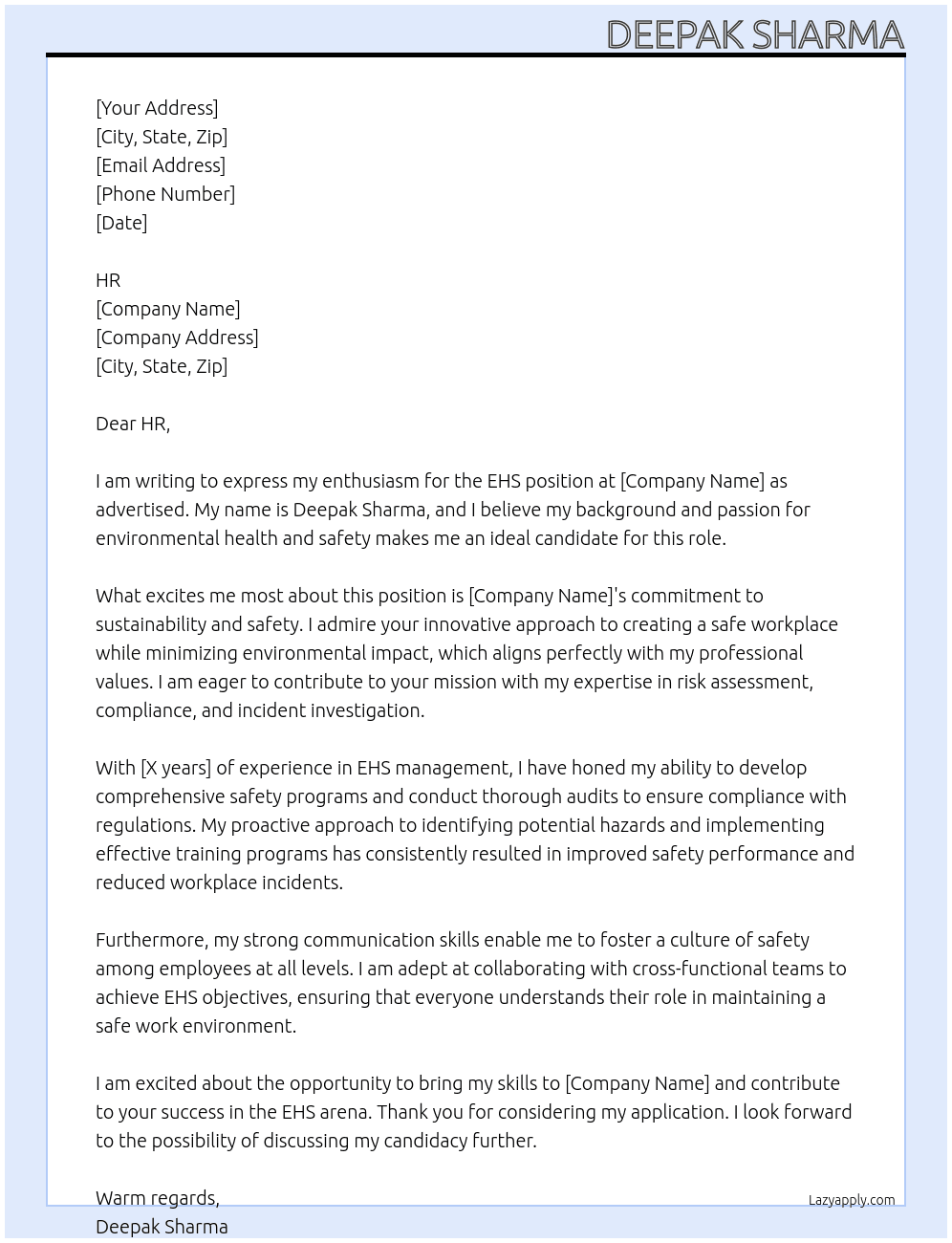 EHS  At NA Cover Letter