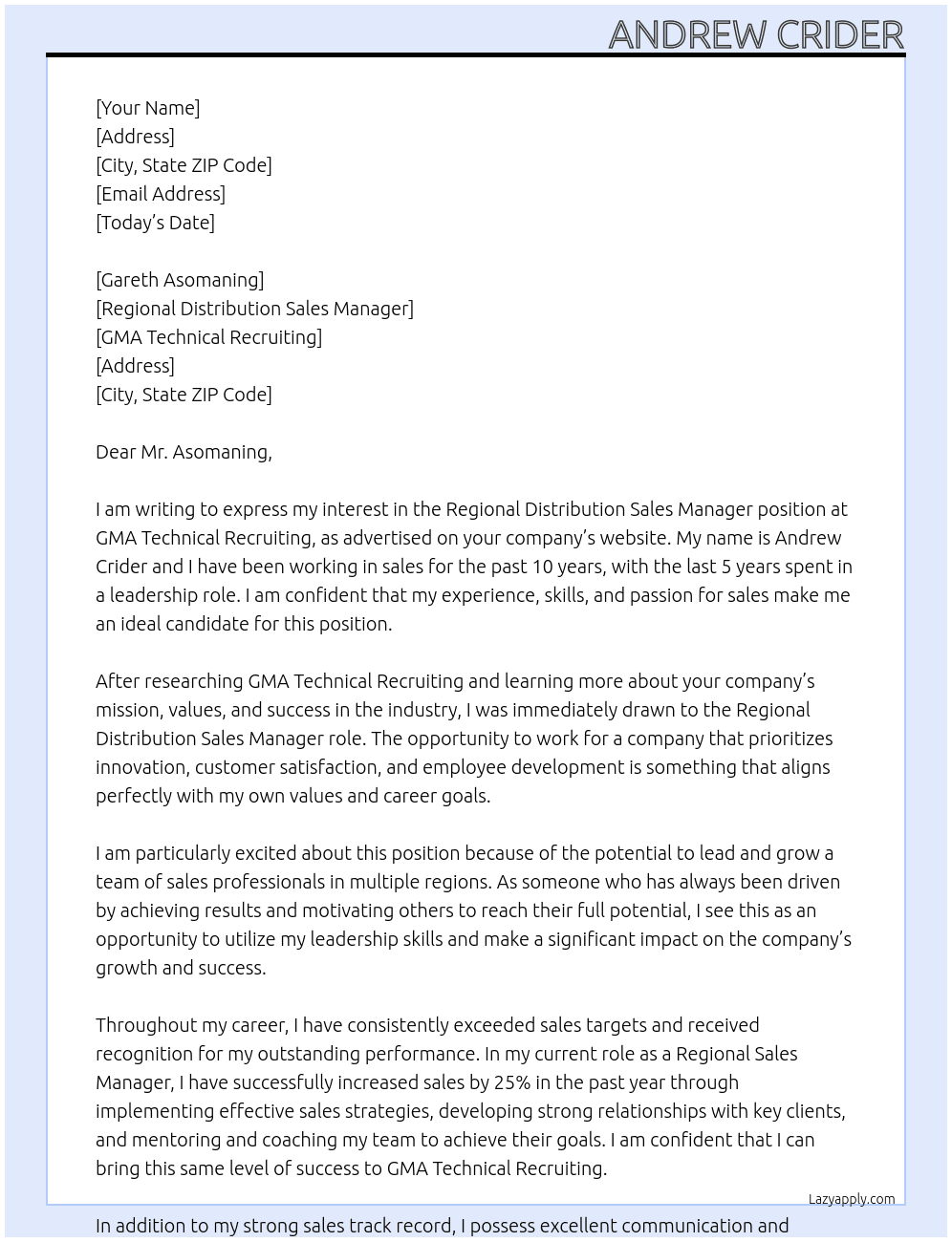Regional Distribution Sales  Manager At GMA Technical Recruiting Cover Letter