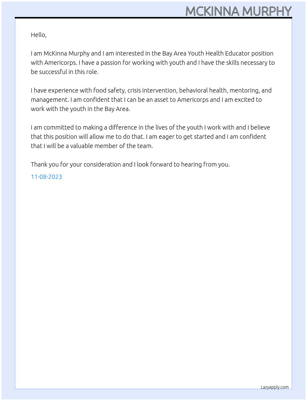 Bay Area Youth Health Educator At Americorps Cover Letter