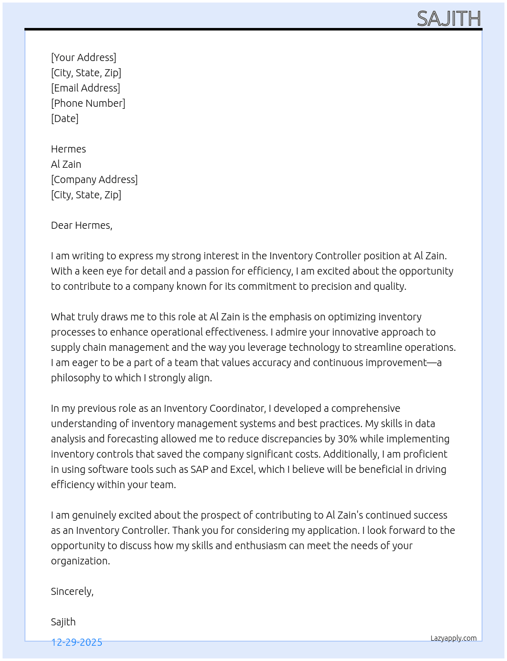 Cover letter for inventory controller - LazyApply