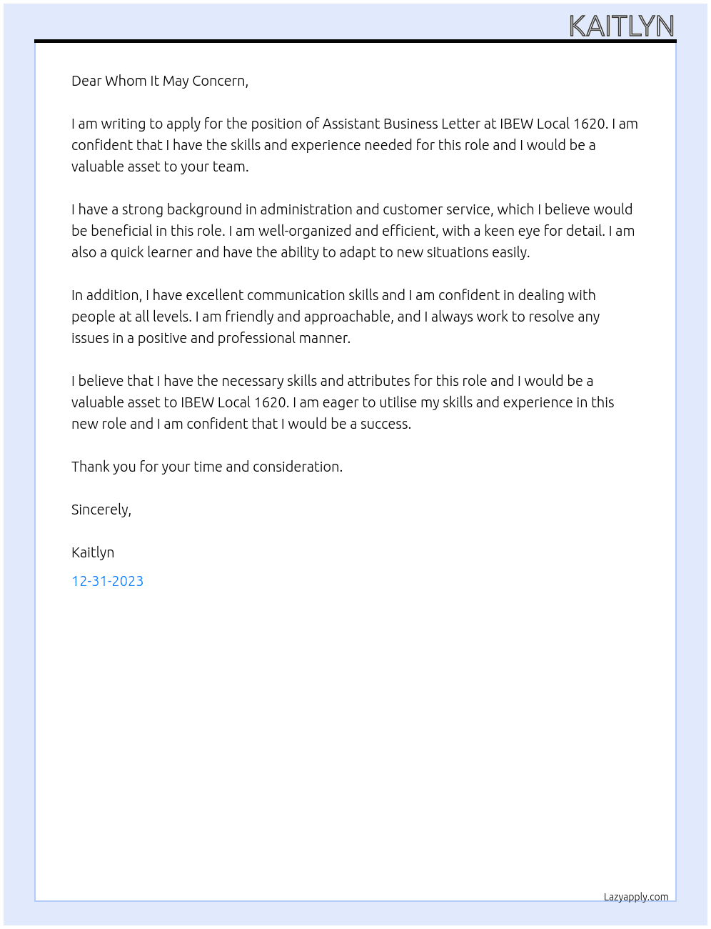Assistant Business Letter At IBEW Local 1620 Cover Letter