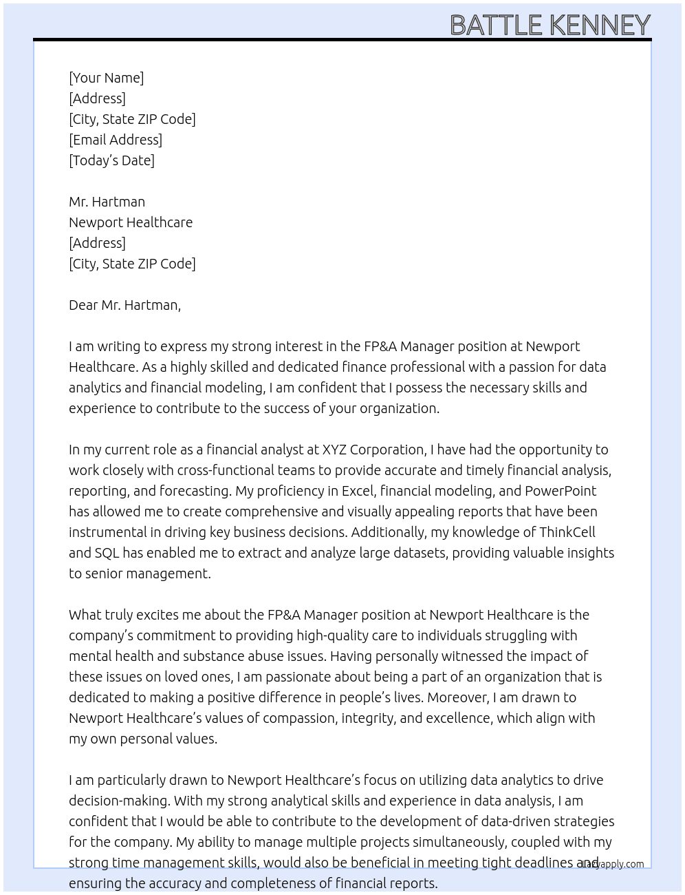 FP&A Manager At Newport Healthcare Cover Letter