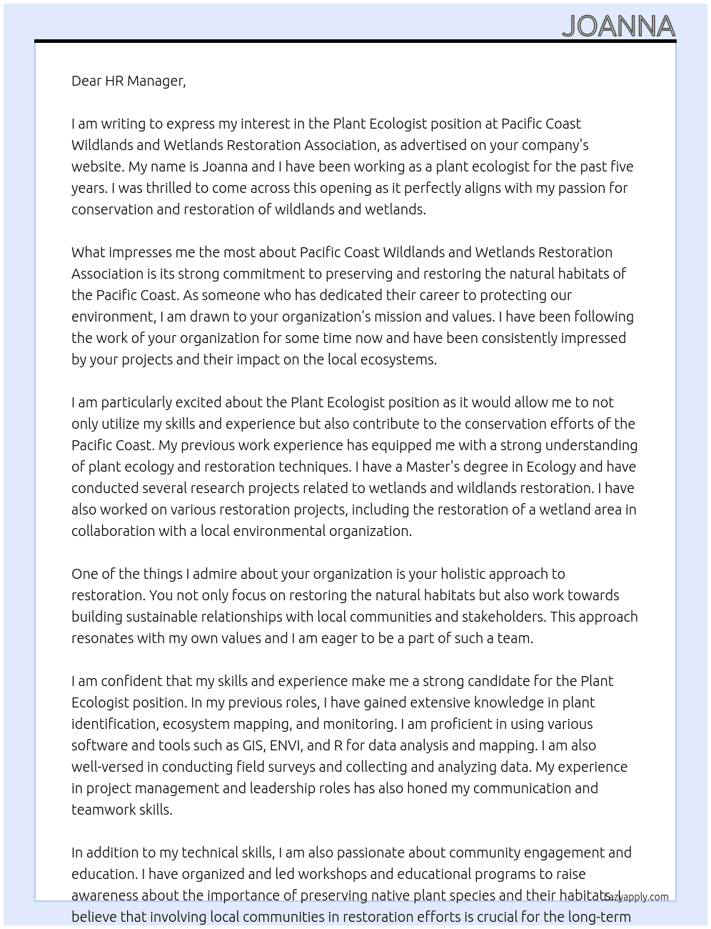 Plant Ecologist At Pacific Coast Wildlands and Wetlands Restoration Association Cover Letter