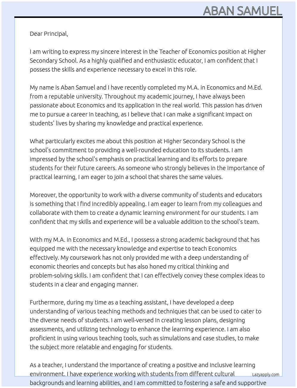 Teacher of Economics At Higher Secondary School Cover Letter