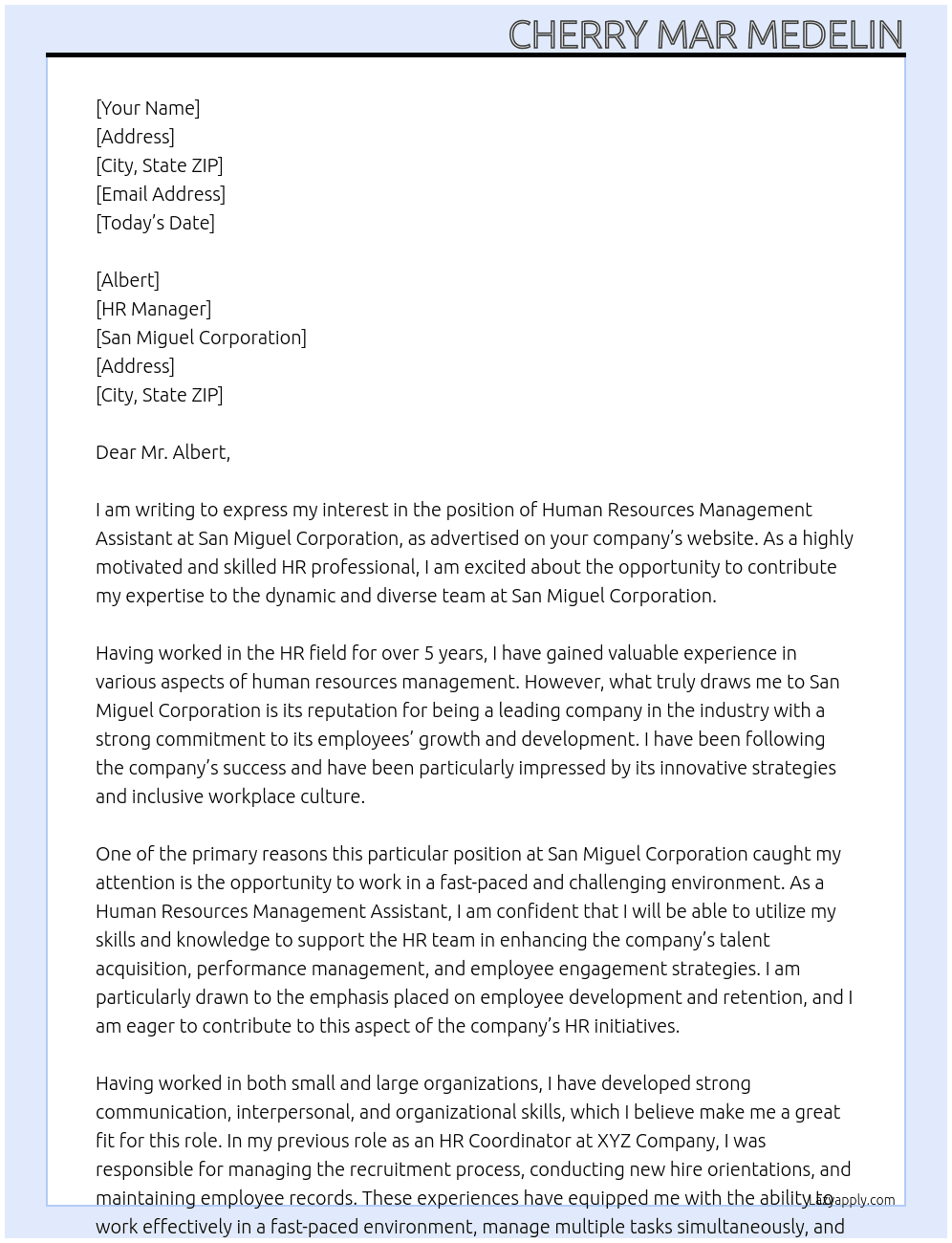 Human Resources Management Assistant At San Miguel Corporation Cover Letter