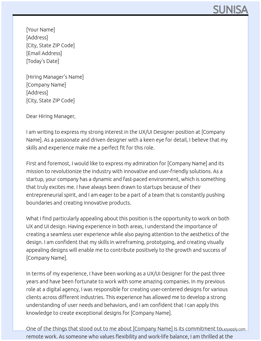 UX/UI Designer At startup Cover Letter