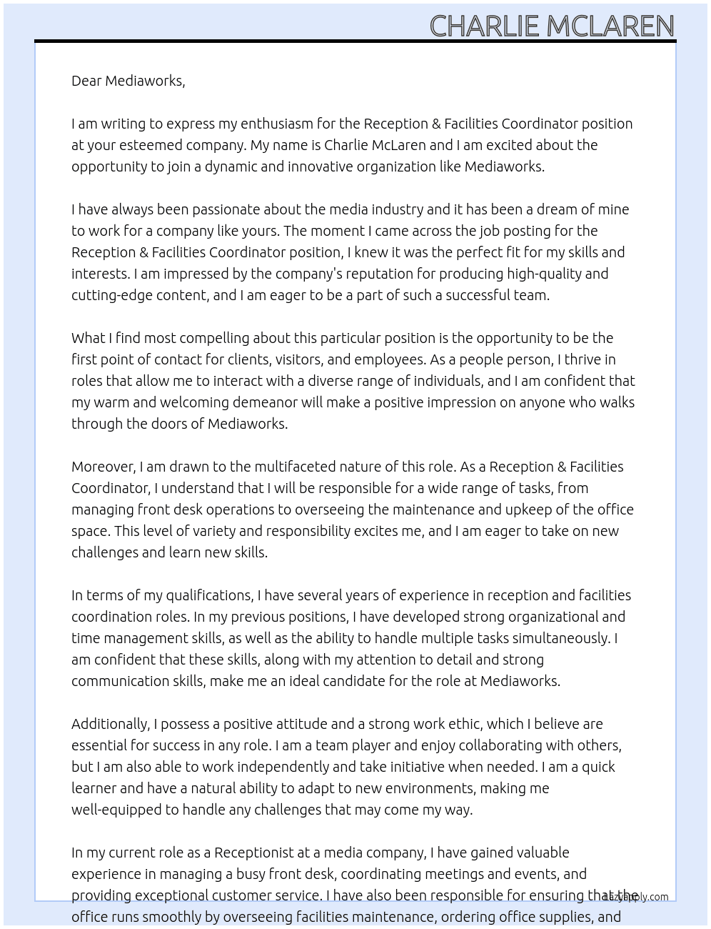 Reception & Facilities Coordinator At Mediaworks Cover Letter