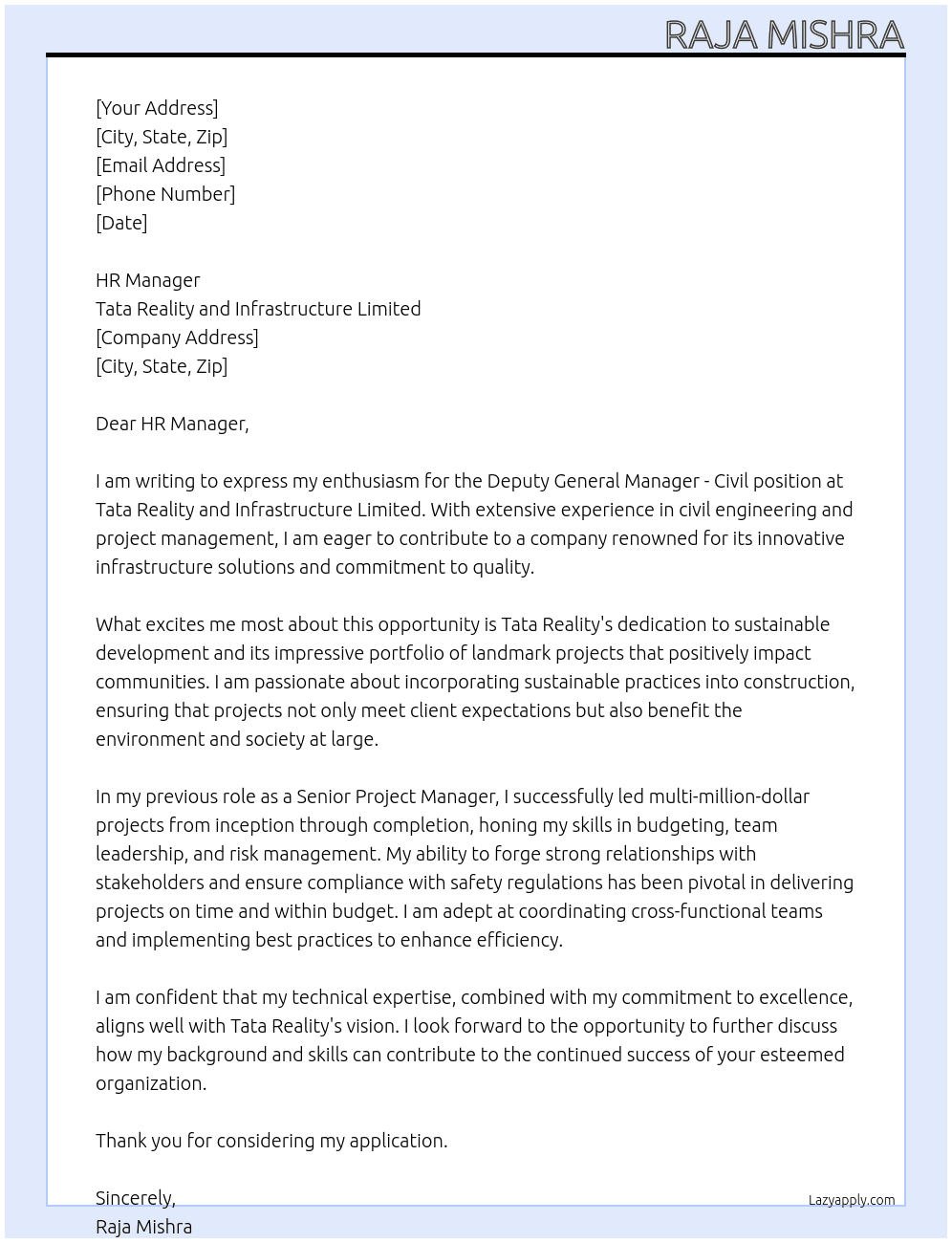 Deputy General Manager - Civil At Tata Reality And Infrastructure Limited Cover Letter