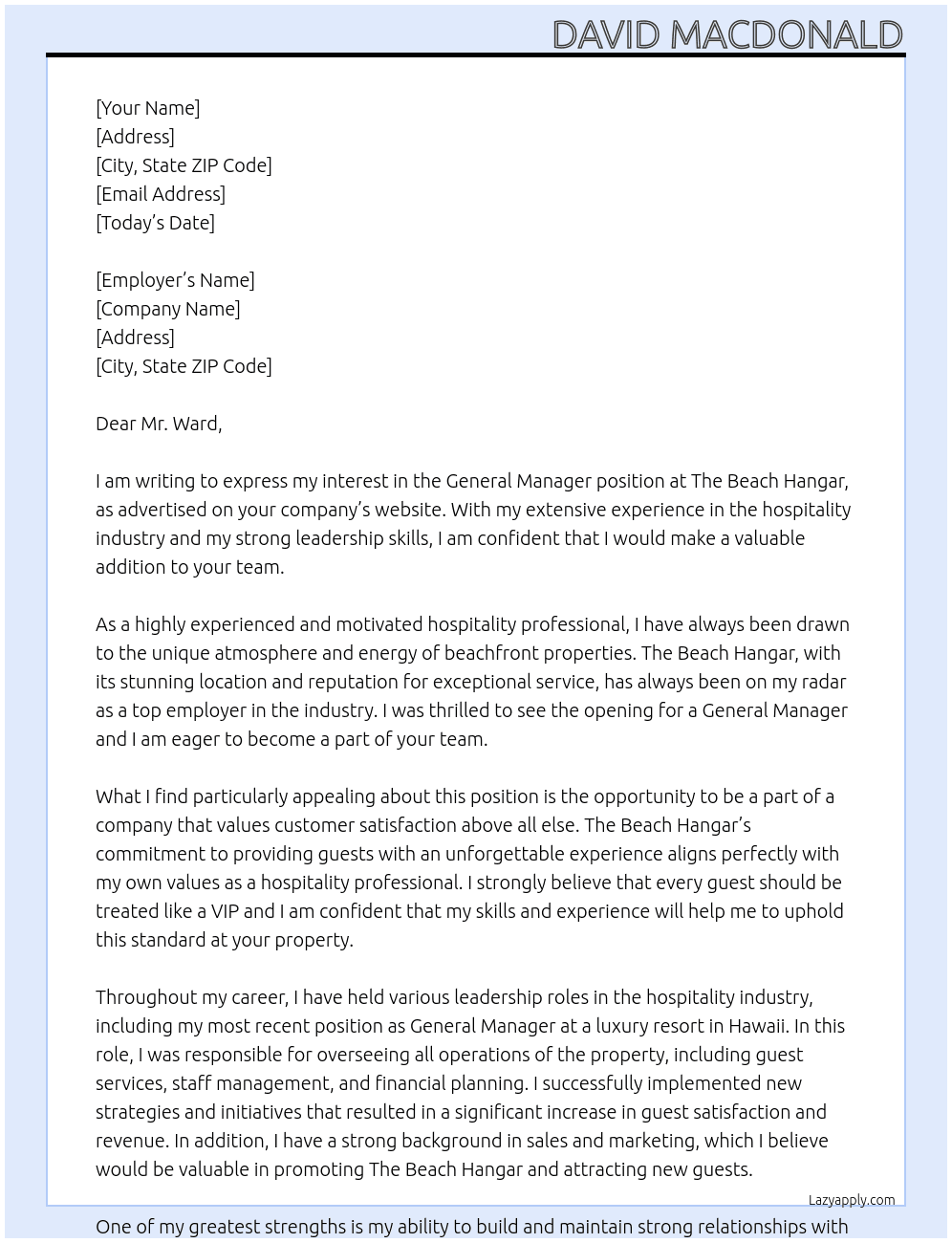 General Manager At The Beach Hangar Cover Letter