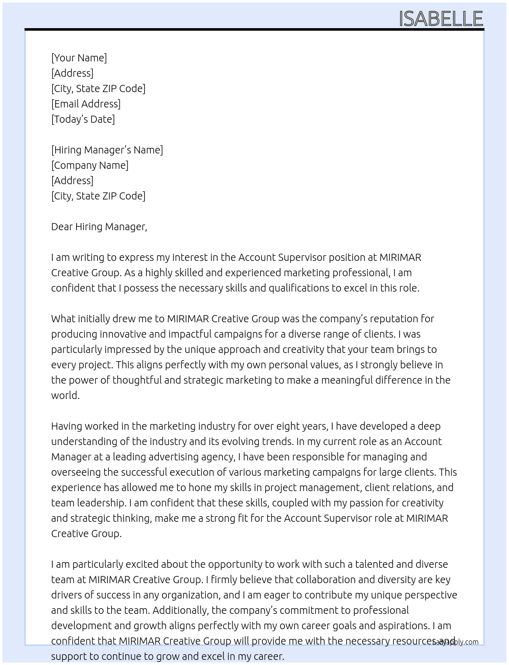 Account Supervisor At MIRIMAR Creative Group Cover Letter